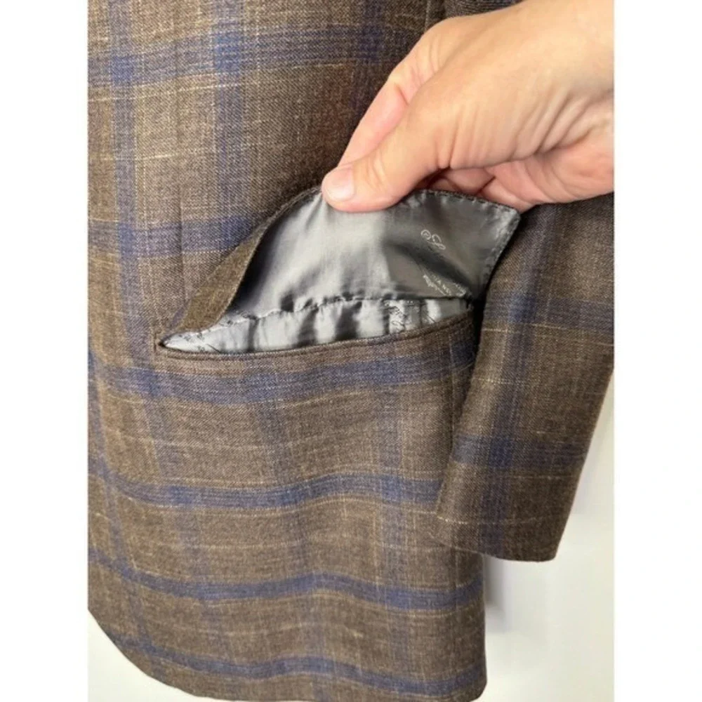 Sartoria Castangia Brown‎ Plaid 2 Button Blazer Wool/Silk/Linen 46 Brown/Blue